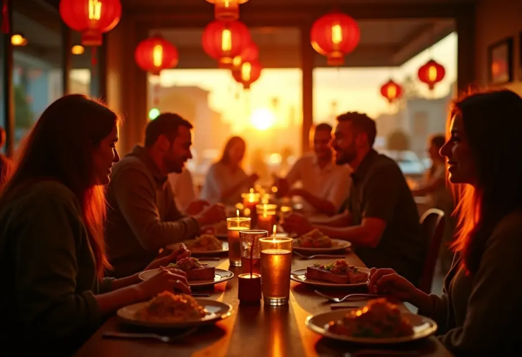 Ambiente movimentado de restaurante com pessoas diversas saboreando pratos variados.