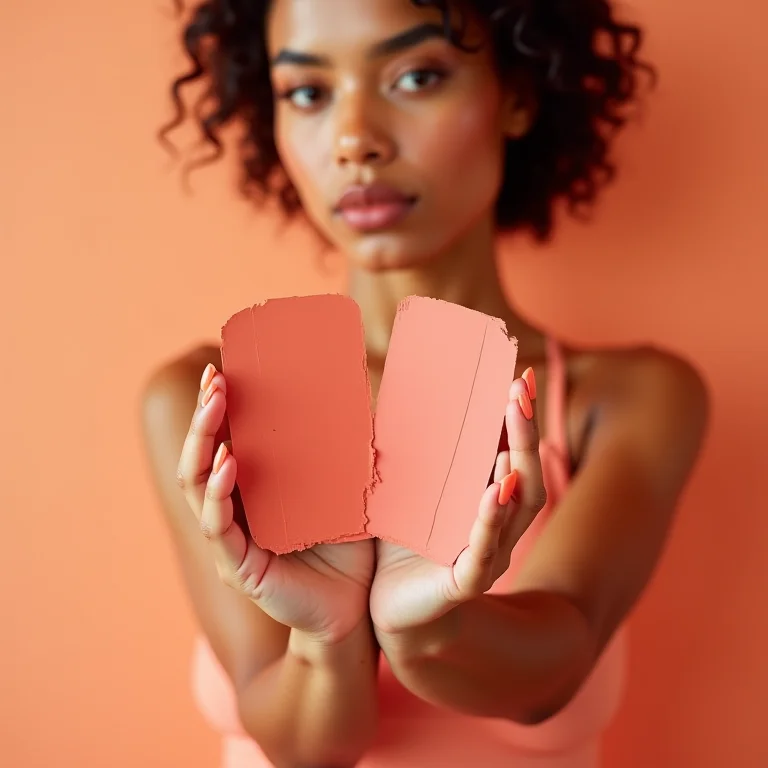 Amostras de blush em tons pêssego e coral para realçar a pele com sardas.
