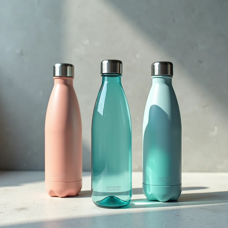 Amostras de materiais usados em garrafas térmicas: aço inoxidável, vidro e plástico BPA-free.