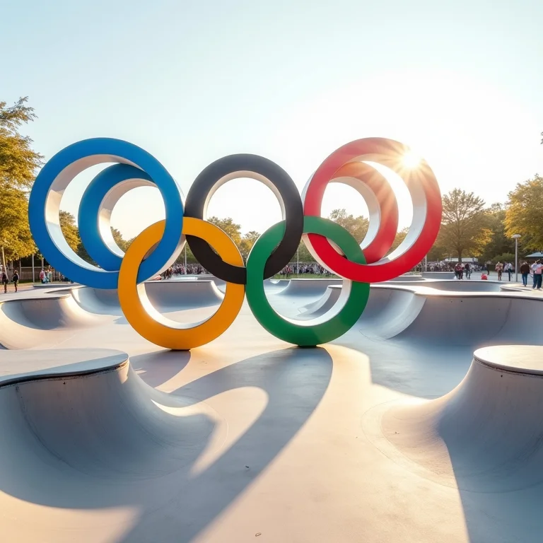 Anéis olímpicos de Paris 2024 integrados a um skatepark.