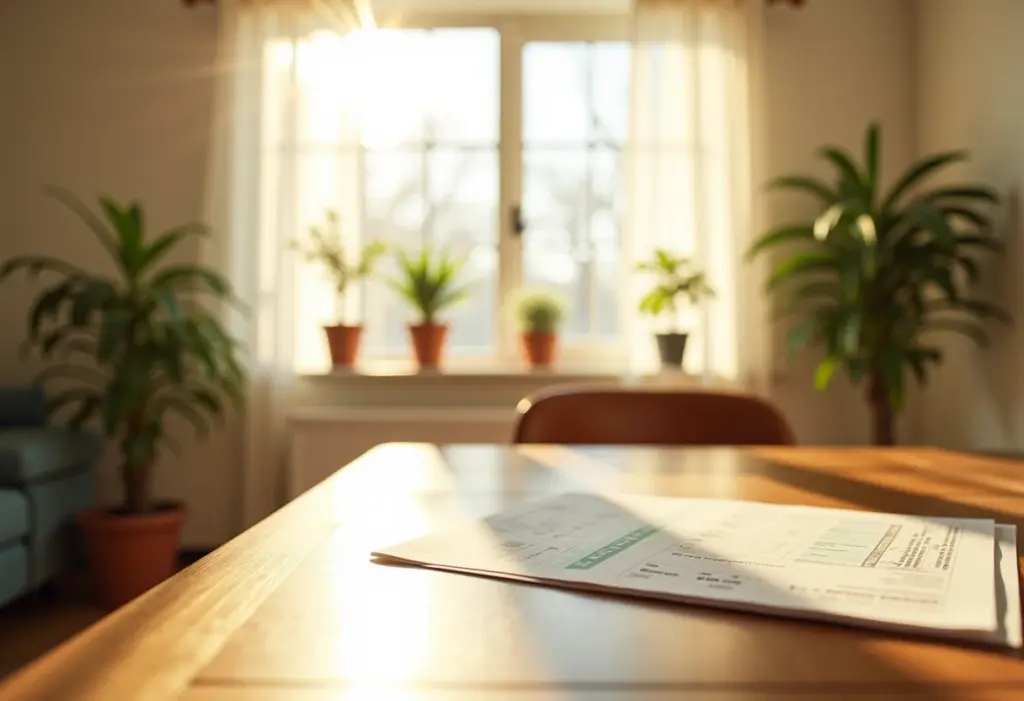 Apartamento iluminado com documentos financeiros, representando o custo de vida