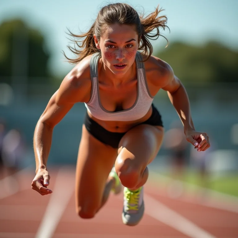 Atleta branca saltando durante uma prova de salto em distância.