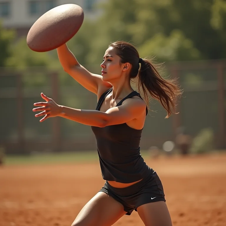 Atleta latina arremessando um disco com força.