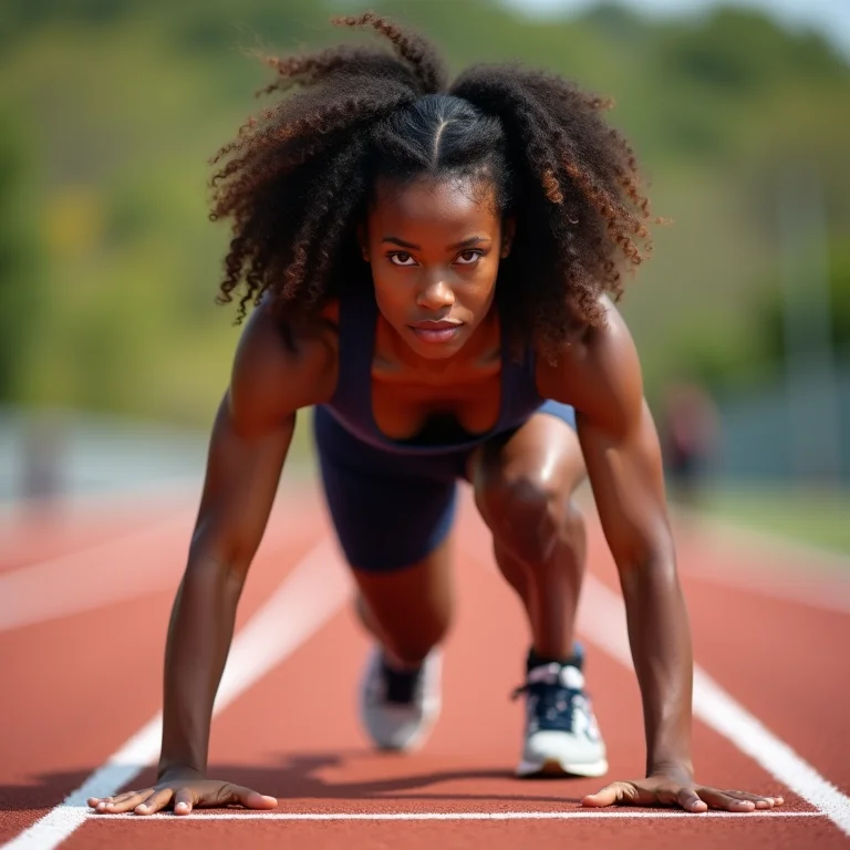 Atleta negra se concentrando antes de uma corrida.