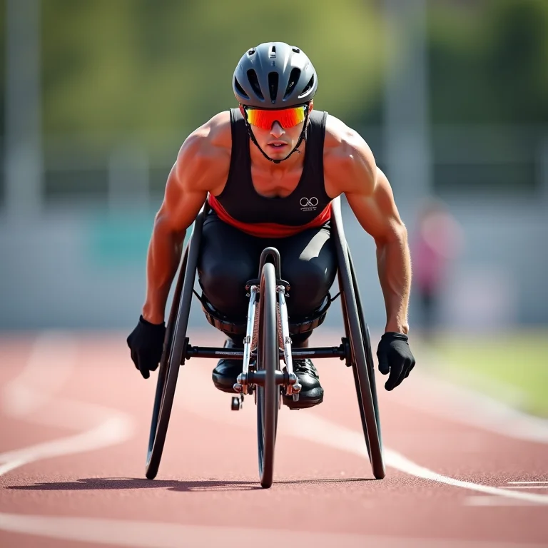 Atleta paralímpico em cadeira de rodas competindo em uma corrida.