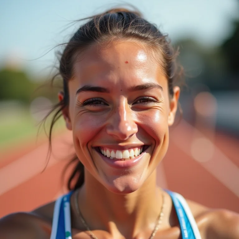 Atleta plus size sorrindo após completar uma prova de heptatlo.