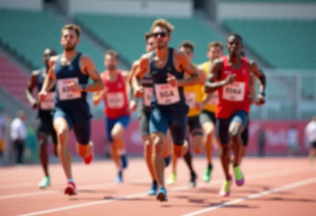 Atletas competindo em uma corrida em um estádio vibrante.