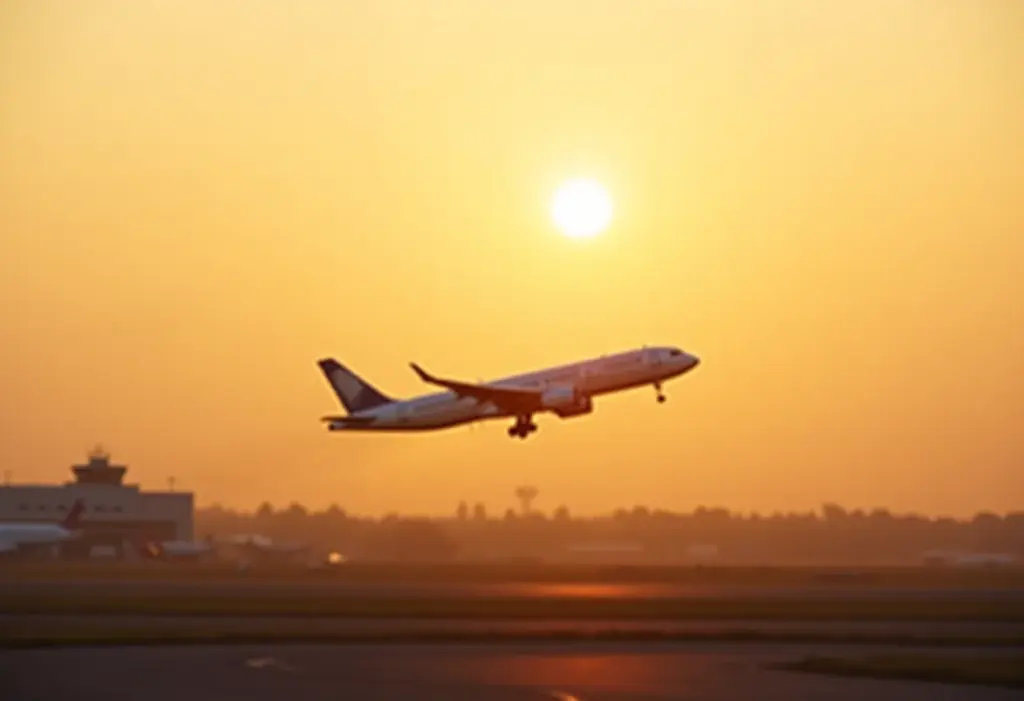 Avião decolando ao amanhecer, representando a busca por passagens aéreas baratas.