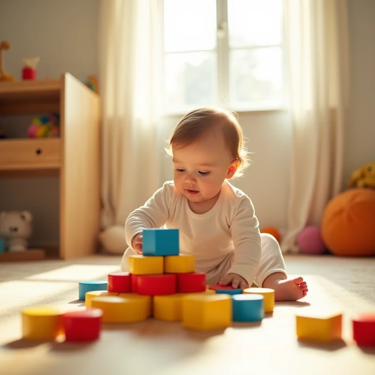 Bebê brincando com blocos coloridos em quarto ensolarado