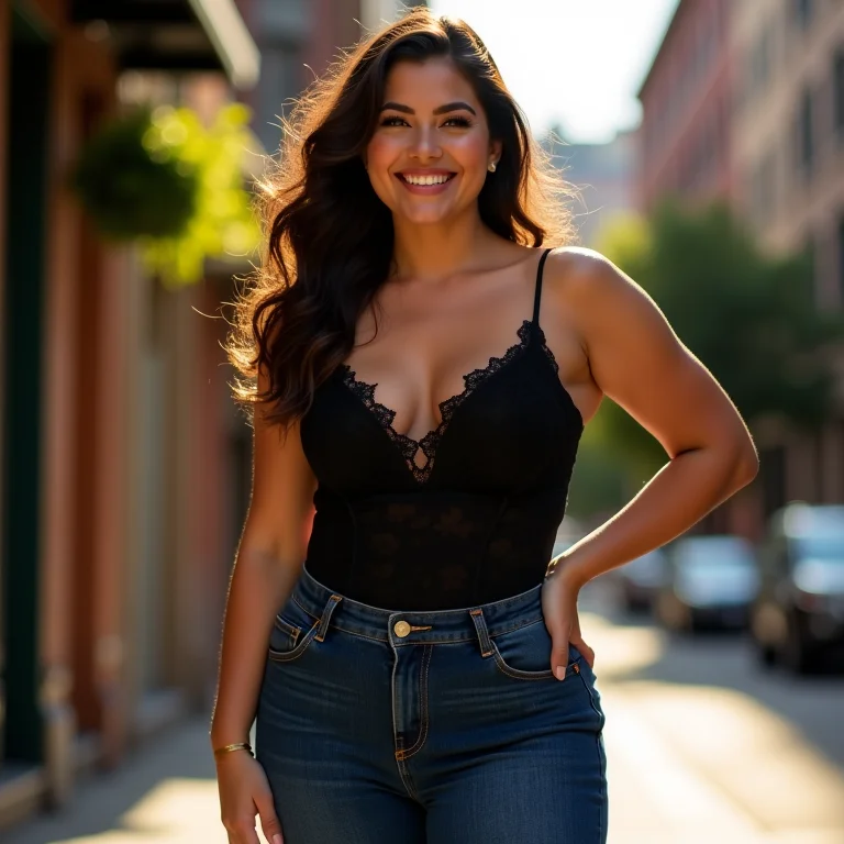 Body de renda e calça skinny.