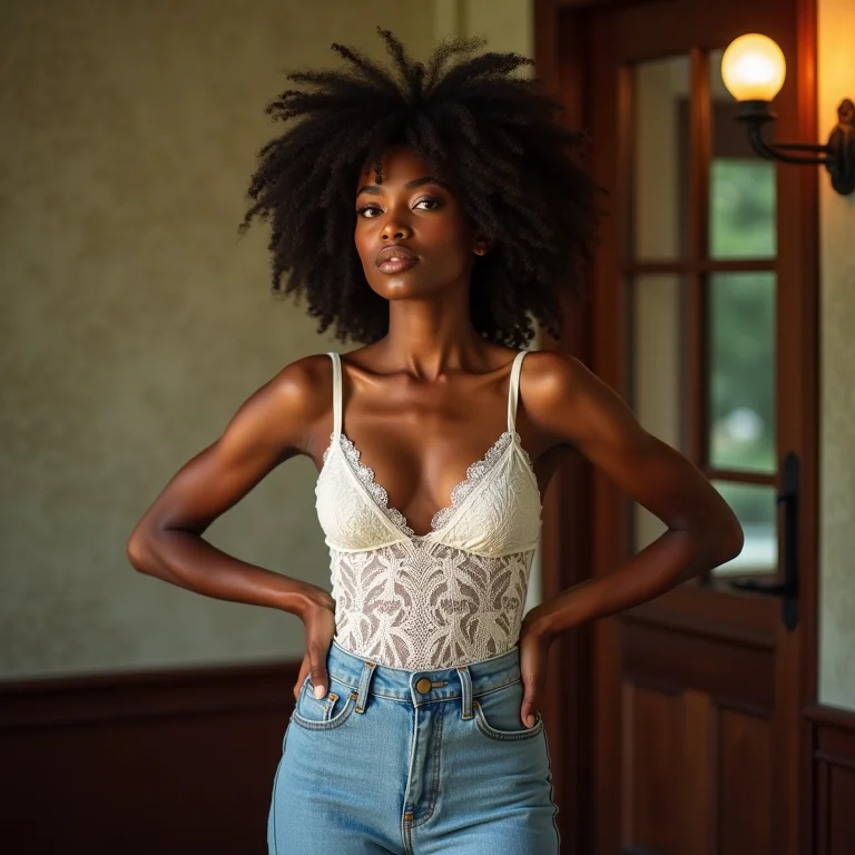 Body de renda e mom jeans.