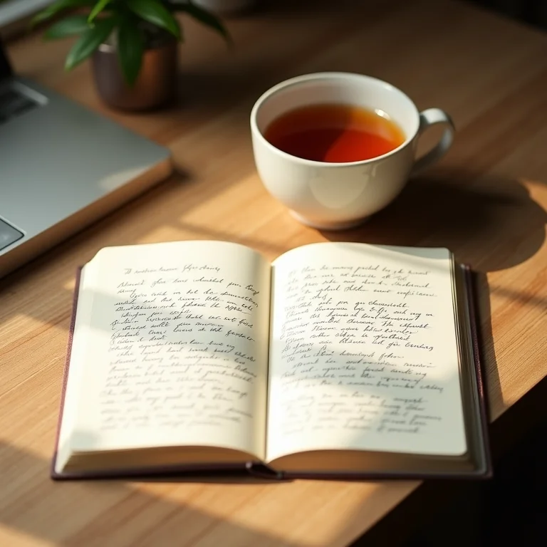 Caderno aberto com anotações sobre autoconhecimento e uma xícara de chá.