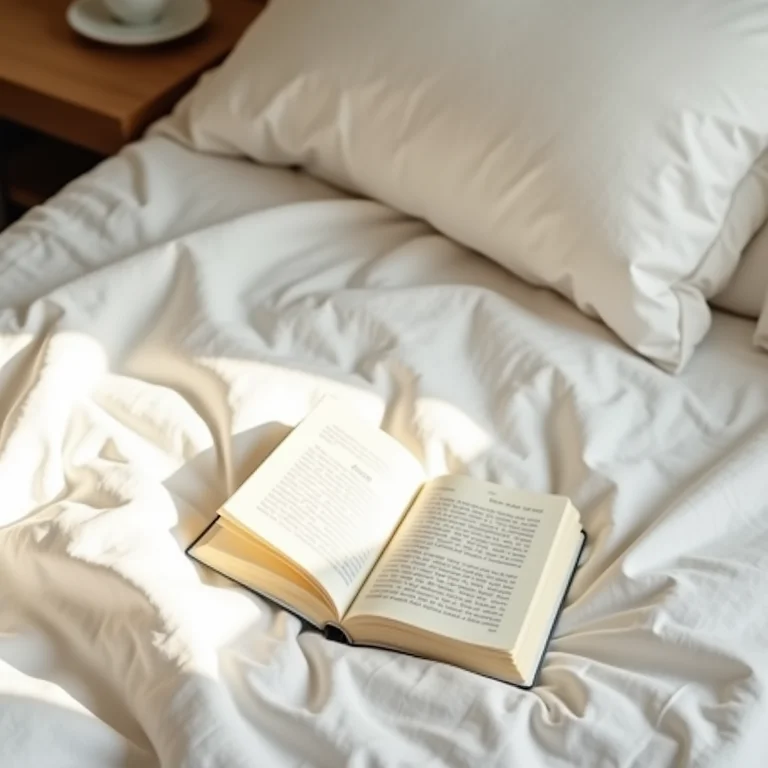 Cama arrumada com acessórios para uma rotina de alongamento matinal