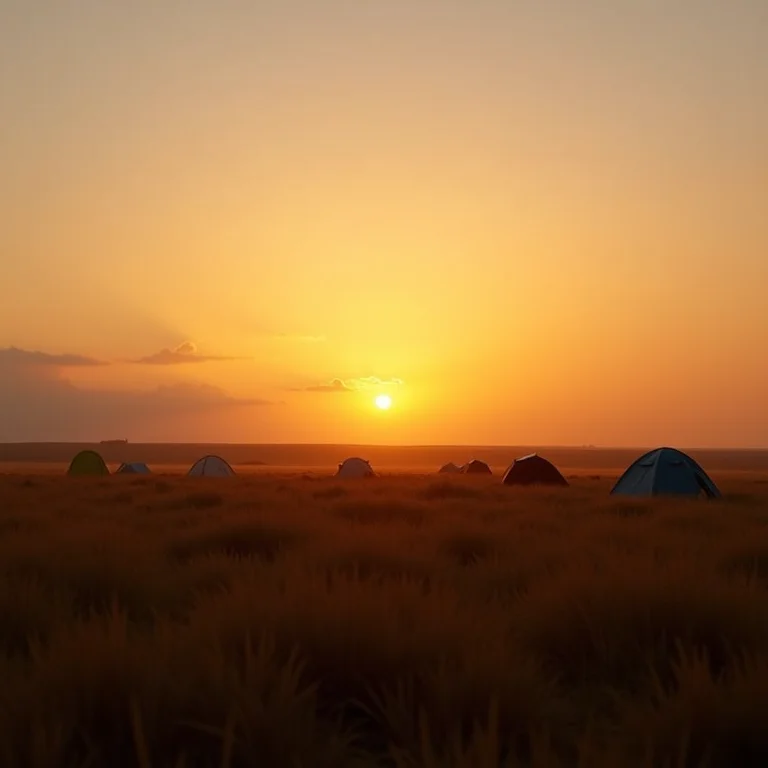Campo aberto ao pôr do sol com barracas e atmosfera de paz e tranquilidade.