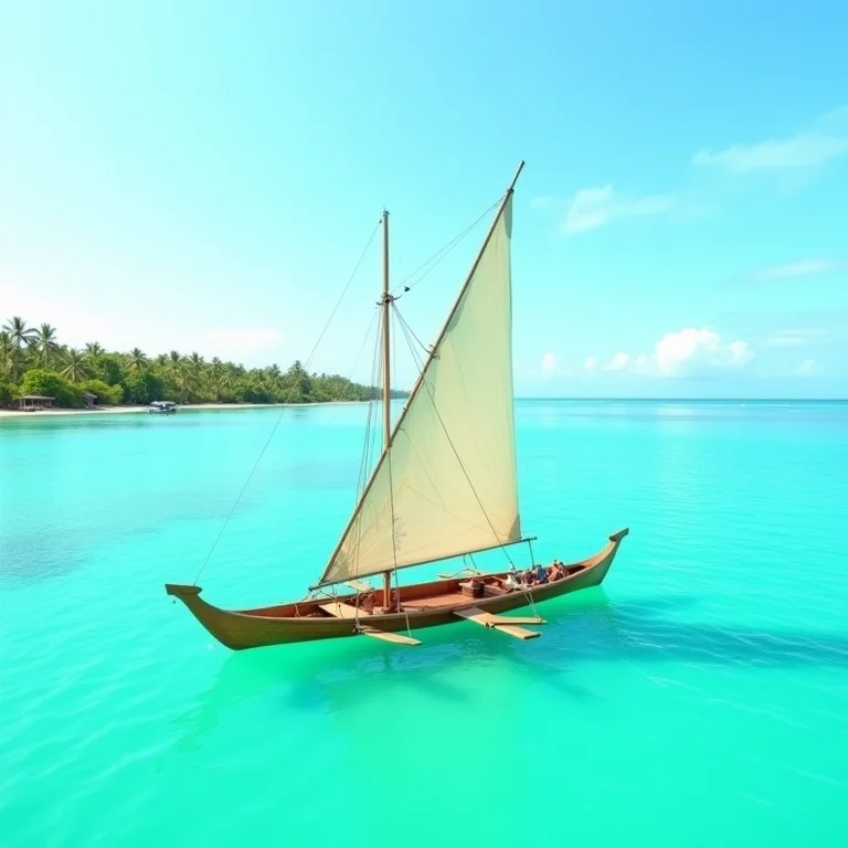 Canoa polinésia tradicional navegando em águas cristalinas.
