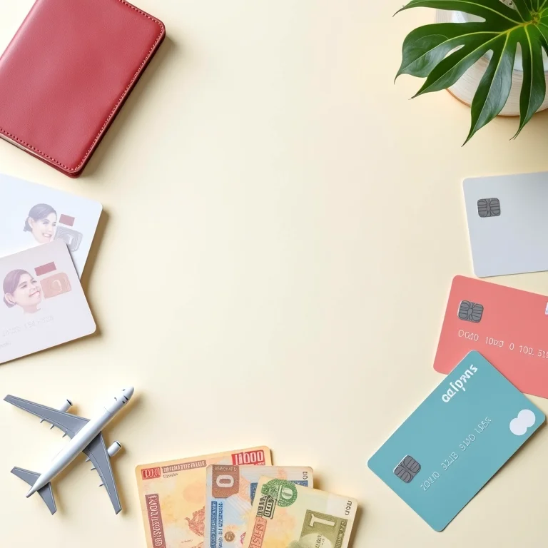 Cartões de crédito e acessórios de viagem organizados em um flat lay