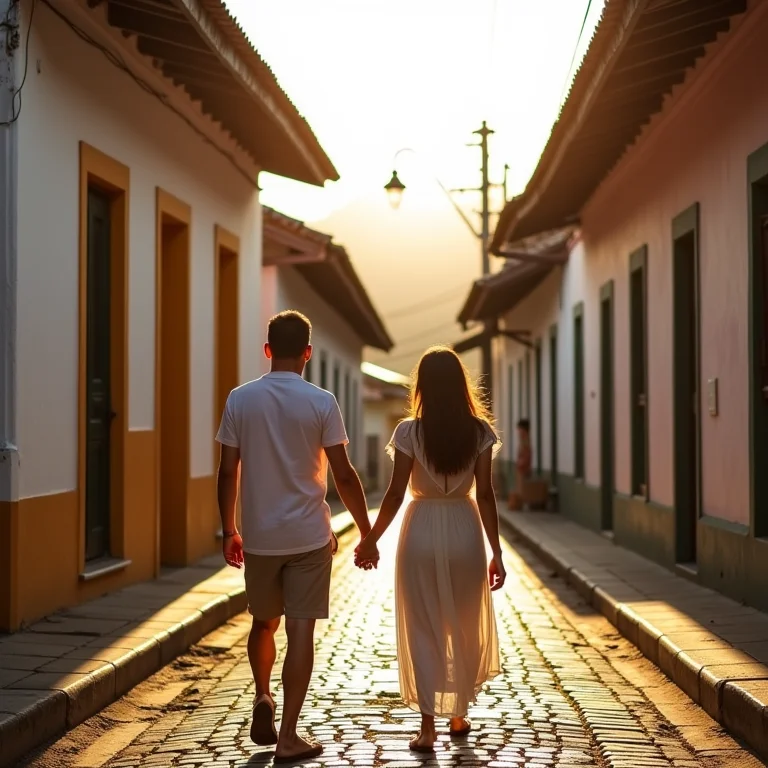 Casal apaixonado explorando as ruas históricas de Paraty