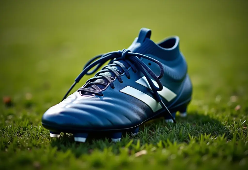 Chuteira profissional com cadarço bem amarrado em campo de futebol.