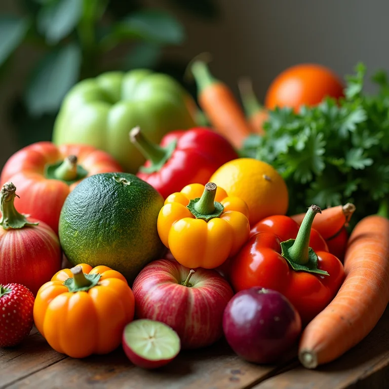 Composição artística de frutas e vegetais orgânicos frescos