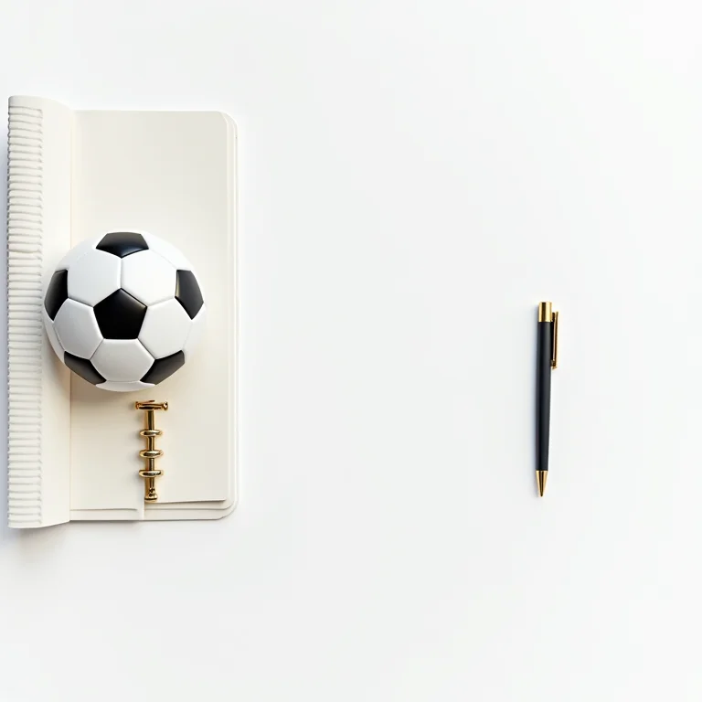 Composição minimalista de bola, caderno tático e caneta