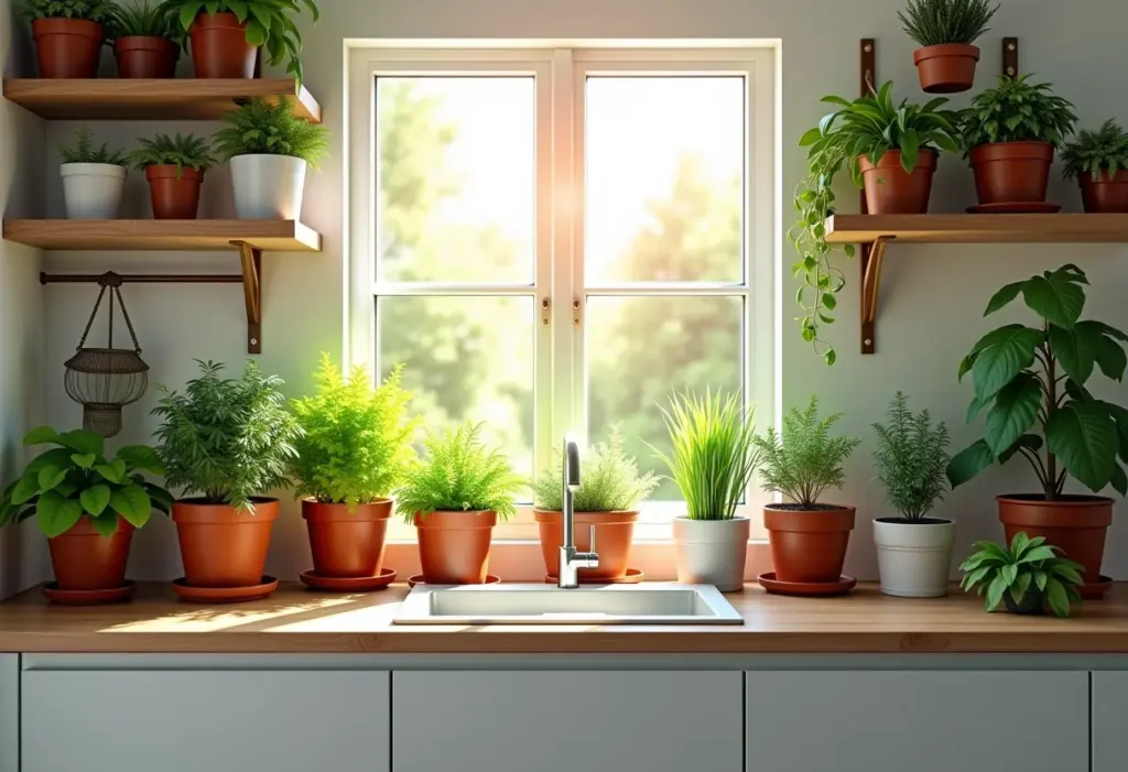 Cozinha iluminada com diversas plantas e ervas em vasos