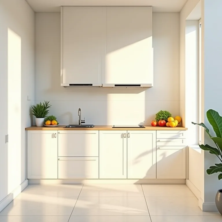 Cozinha iluminada em apartamento de aluguel de temporada