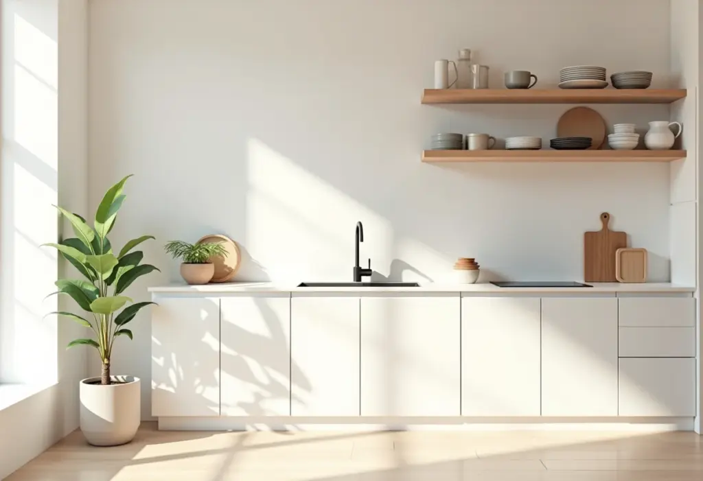 Cozinha organizada e iluminada com design minimalista