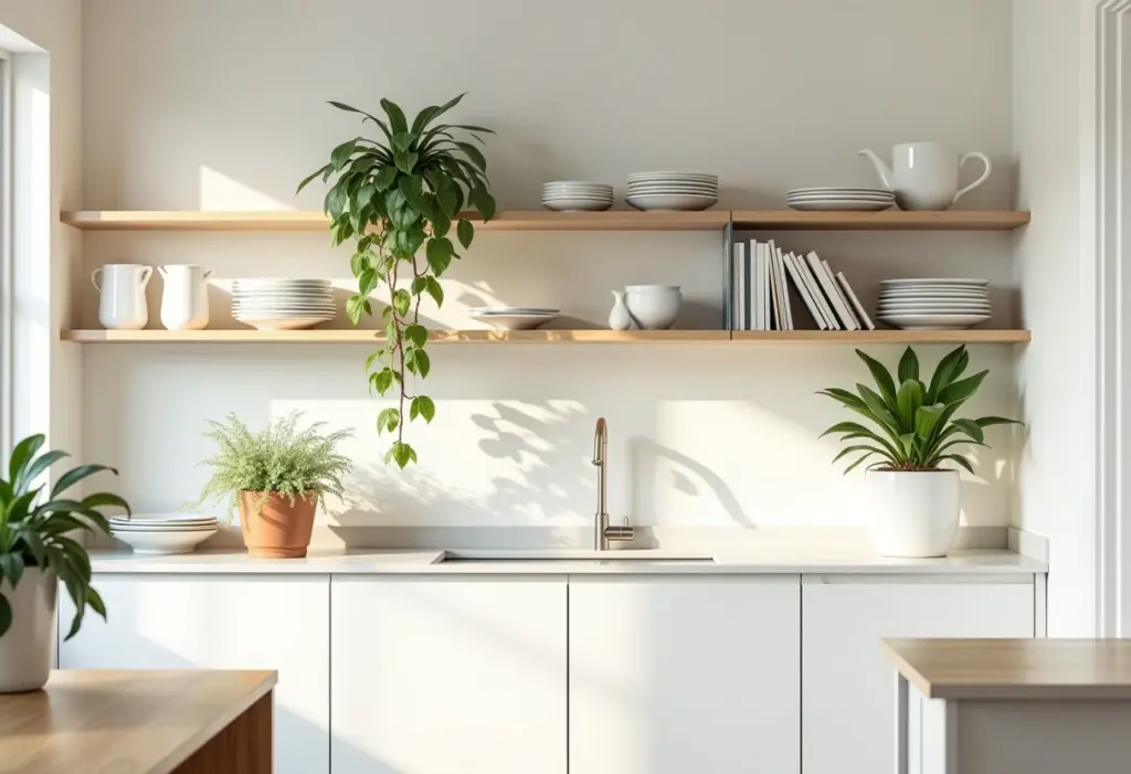 Cozinha pequena com prateleiras decorativas