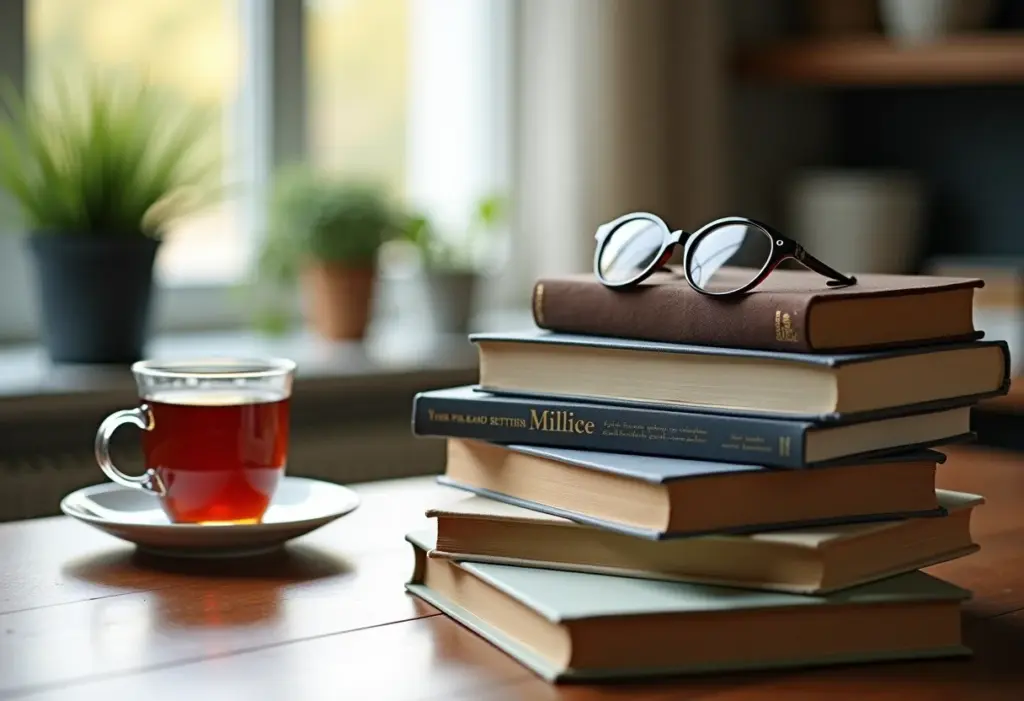 Cronograma de leitura anual: livros, óculos e chá