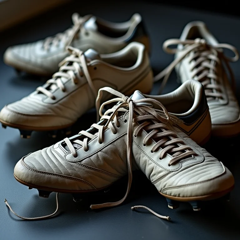 Diversas chuteiras com cadarços desamarrados e desgastados.