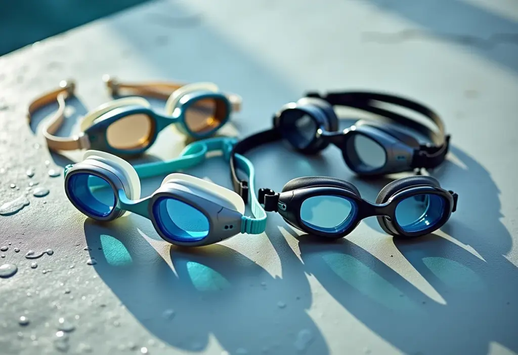 Diversos óculos de natação em close-up.