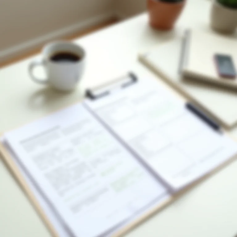 Documentos de preparação para entrevista organizados em uma mesa.