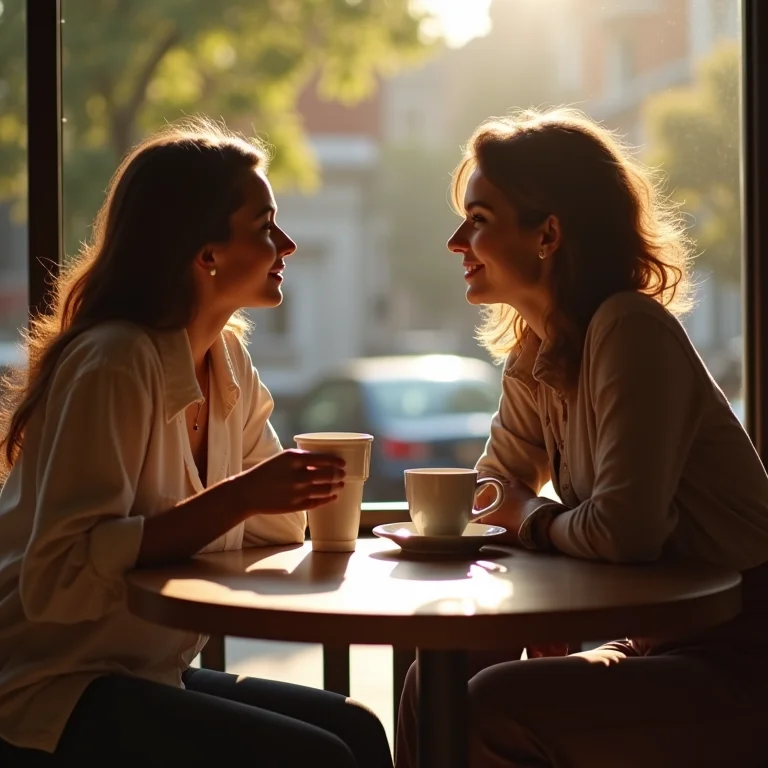 Duas mulheres conversando em um café, representando conexões significativas.