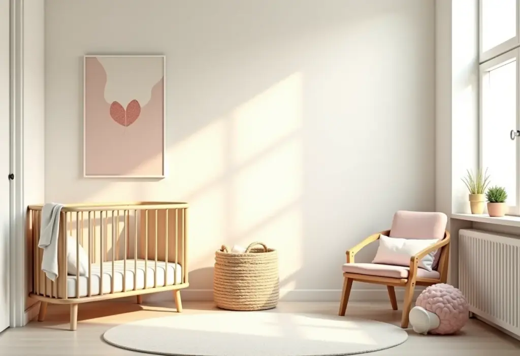 Enxoval do bebê completo e organizado em um quarto de bebê minimalista