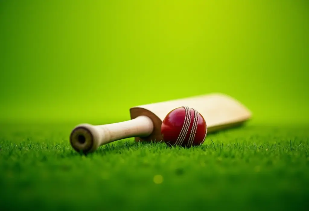 Equipamento de críquete em um campo verde