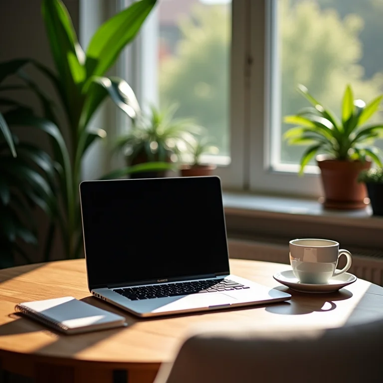 Escritório em casa aconchegante com laptop e vegetação