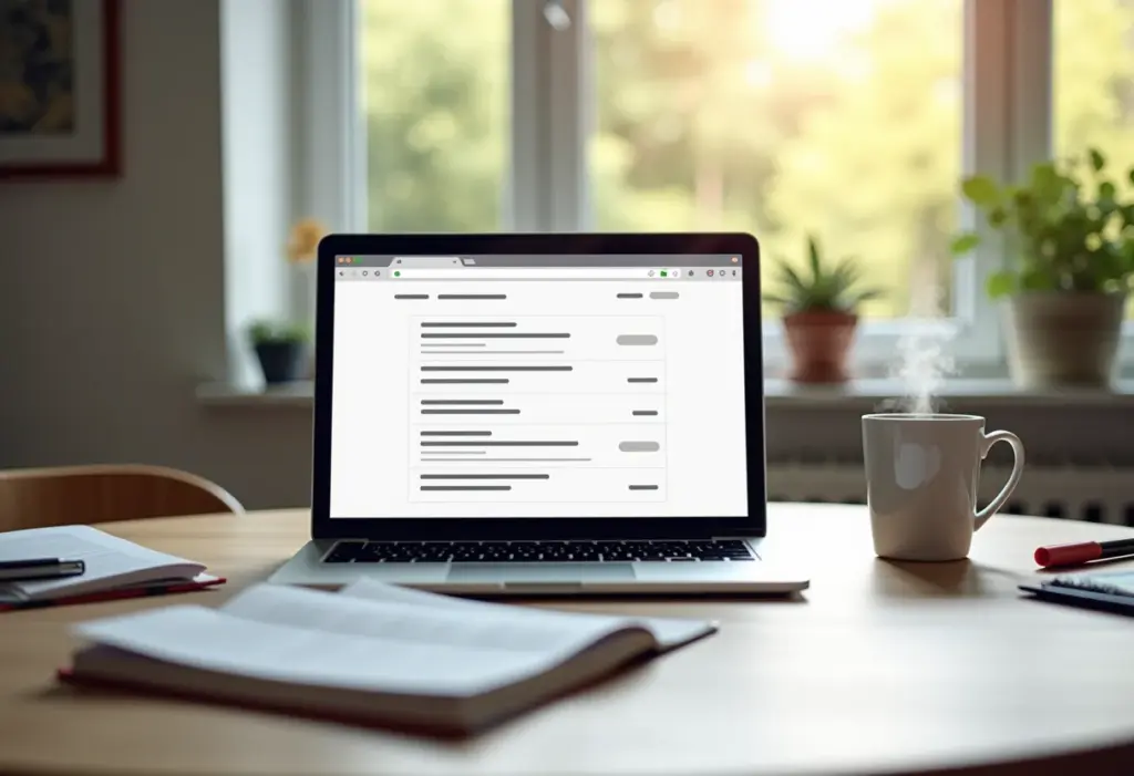 Escrivaninha organizada com laptop mostrando extensões Chrome para estudantes