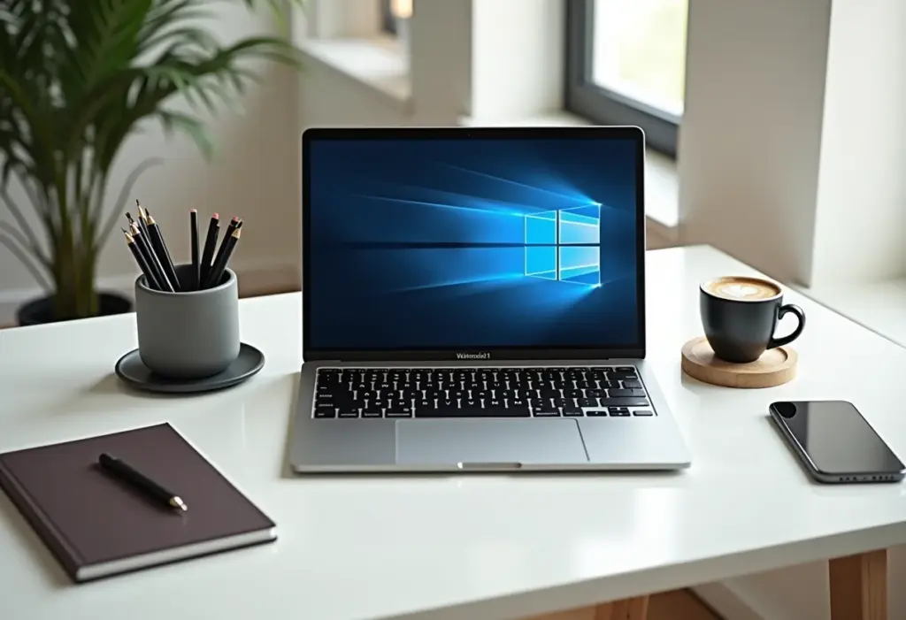 Espaço de trabalho minimalista com laptop mostrando Windows 11
