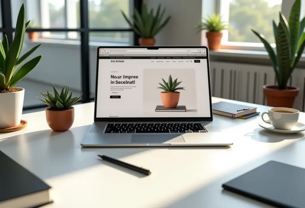 Espaço de trabalho organizado com laptop mostrando o site do Sebrae.