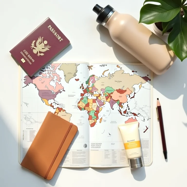 Essenciais de viagem em flat lay minimalista