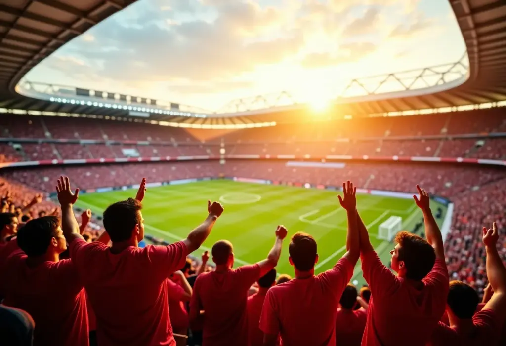 Estádio de futebol vibrante com torcedores em êxtase