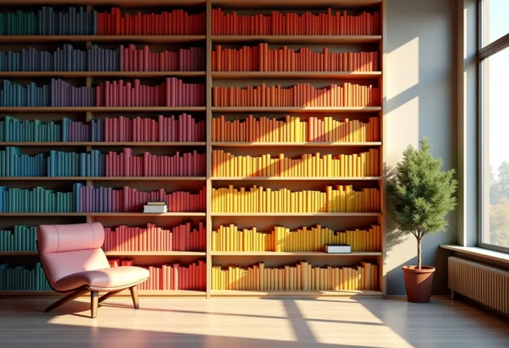 Estante arco-íris com livros organizados por cor