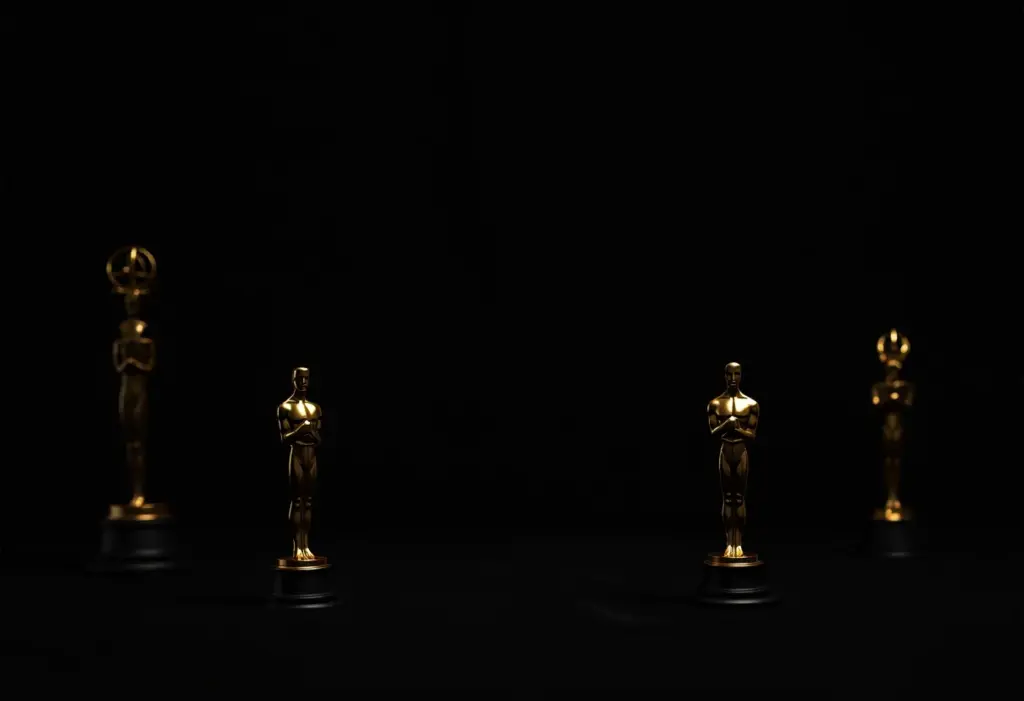 Estatuetas do Oscar douradas em fundo de veludo