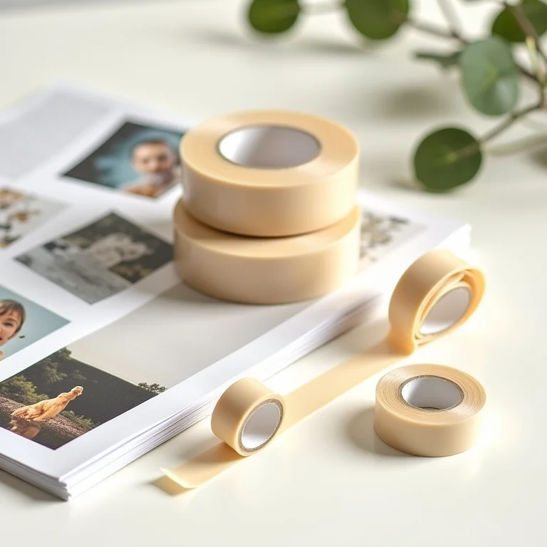 Fita dupla face e objetos de decoração em composição flat lay