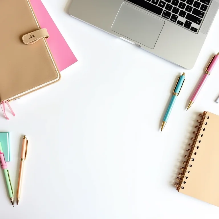 Flat lay de planners, canetas e laptop em mesa branca
