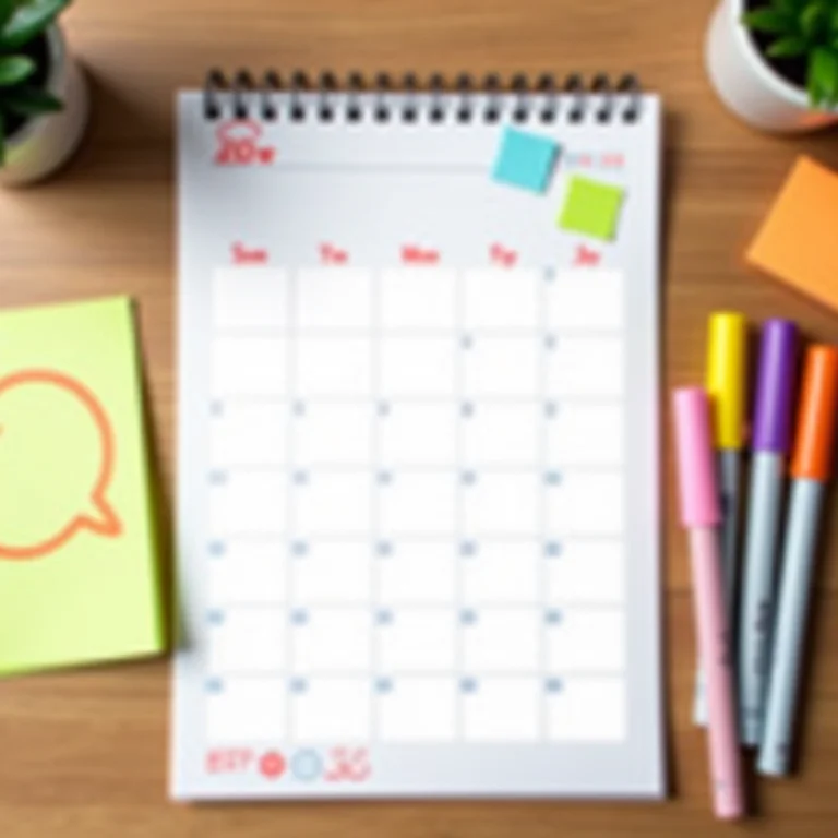 Flat lay de um calendário em branco com marcadores coloridos