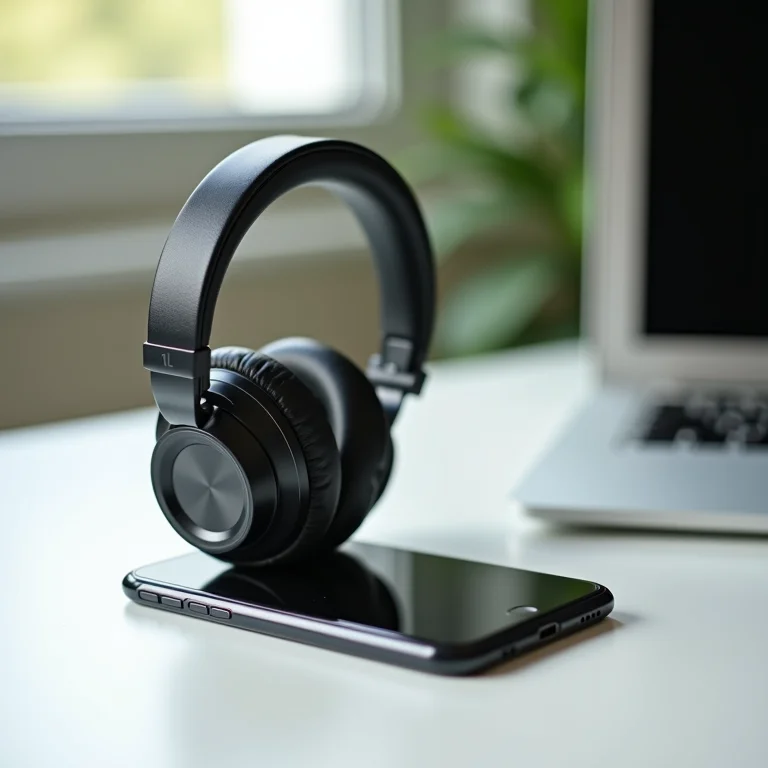 Fones de ouvido com cancelamento de ruído e celular desligado para evitar distrações