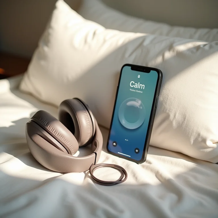 Fones de ouvido e app Calm para relaxamento e sono.
