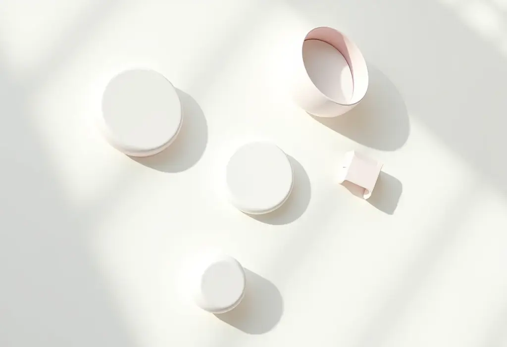 Fotografia de diversos produtos em fundo branco, estilo editorial