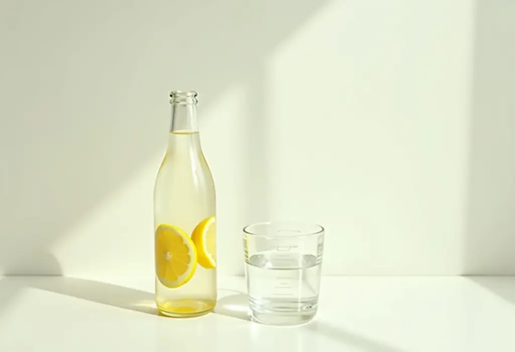 Garrafa de água com limão e copo medidor cheio de água